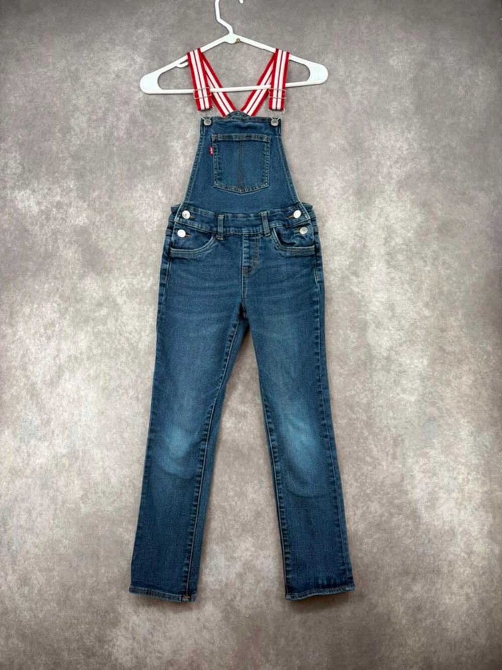 Levi’s Girls Size 8 Denim Overalls Red White Straps Blue Jeans